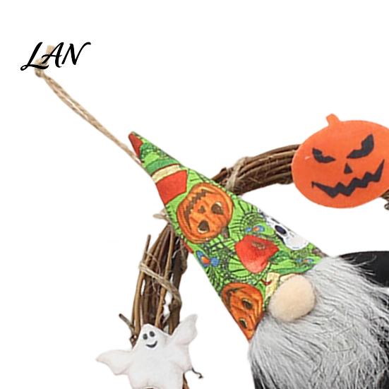 Rustic Halloween Decor Gnome Wreath, Faceless Rattan Hanging Decoration Handmade Wreath with Pumpkin Ghost for Front Door Wall Holiday Party