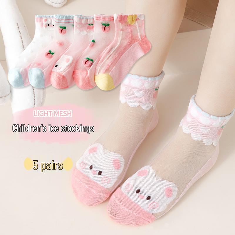 5 Pairs of Breathable Mesh Mid-Calf Lace Socks for Baby Girls - Perfect for Spring/Autumn