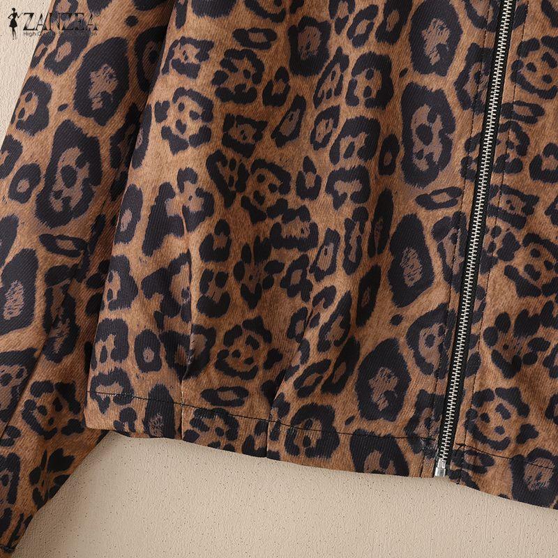 ZANZEA Damen Lässige Langarm Reißverschluss Leopardenmuster Dünne Jacken
