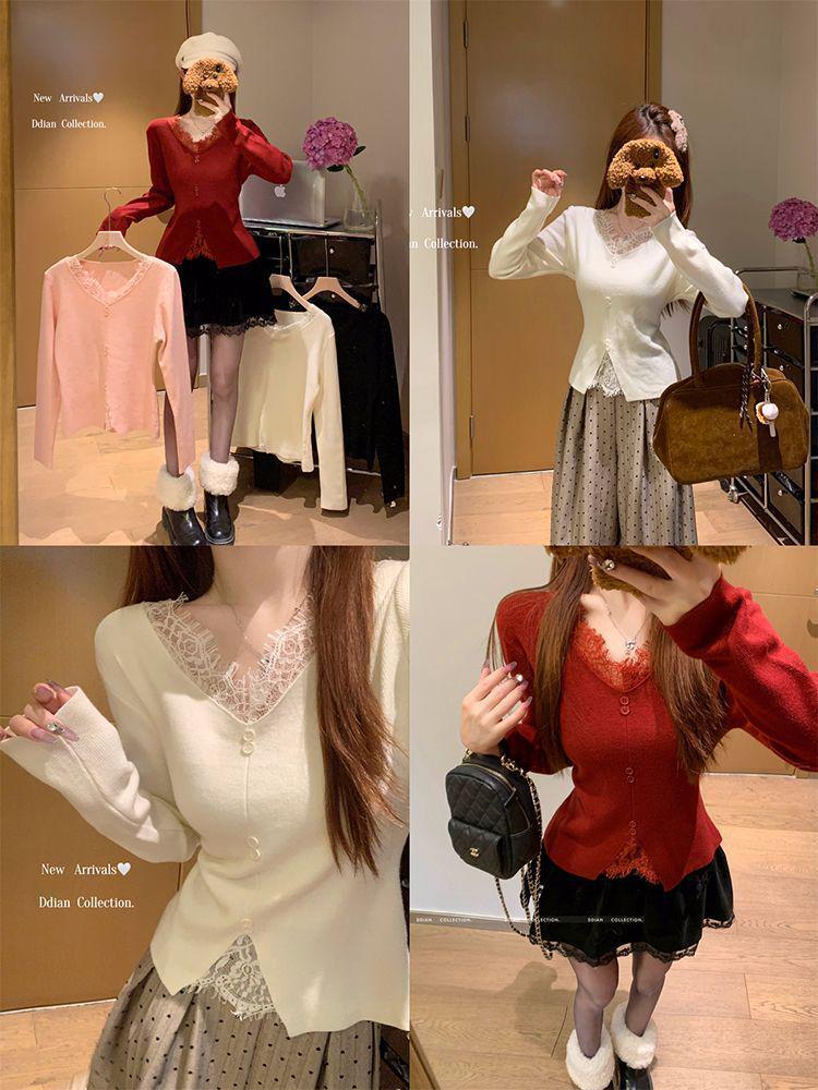 Niche V-Neck Lace Patchwork Knitwear: Autumn/Winter Slimming Cinched Waist Long Sleeve Top for Women