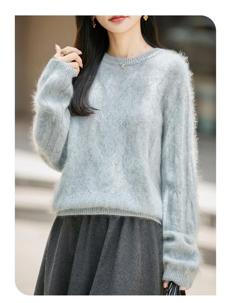 2026 Autumn/Winter Women's Cashmere Wool Marled Knit Loose Sweater, Round Neck, Long Sleeve