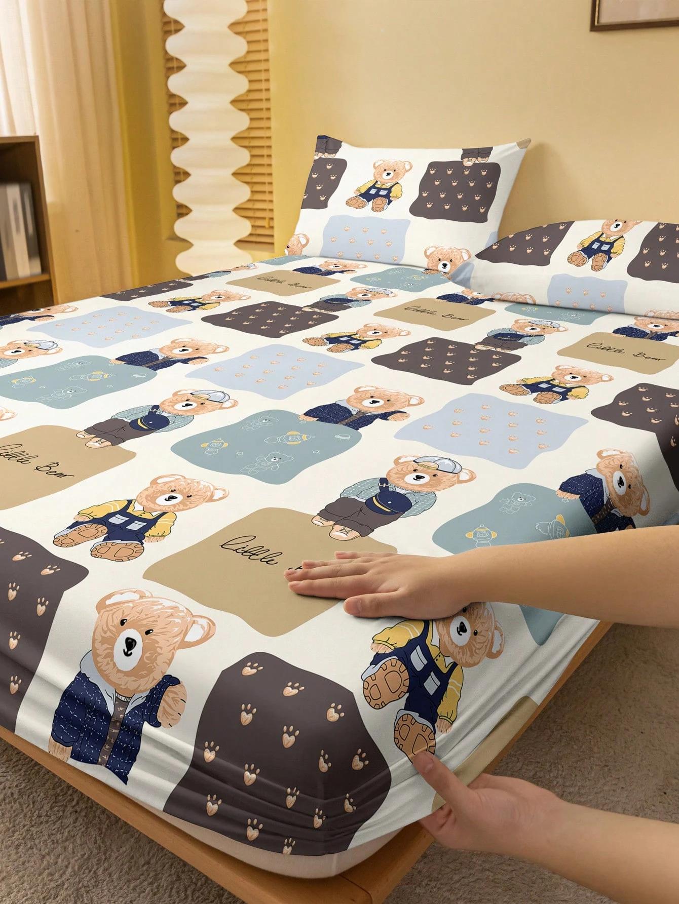 

3pcs Fitted Sheet Sets Cartoon Bear And Plaid Element Pattern Print Flat Sheet With 2 Pillowcases Gifts For Kids Children Room 120x200x25cm
