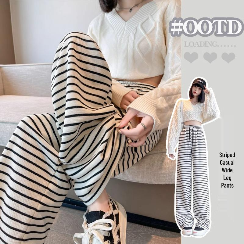 

Korean Style Drawstring Black & White Striped Wide-Leg Pants with Elastic Waist and Slimming Draping Knit – Women’s Petite 145/150. M (96-105 jin)