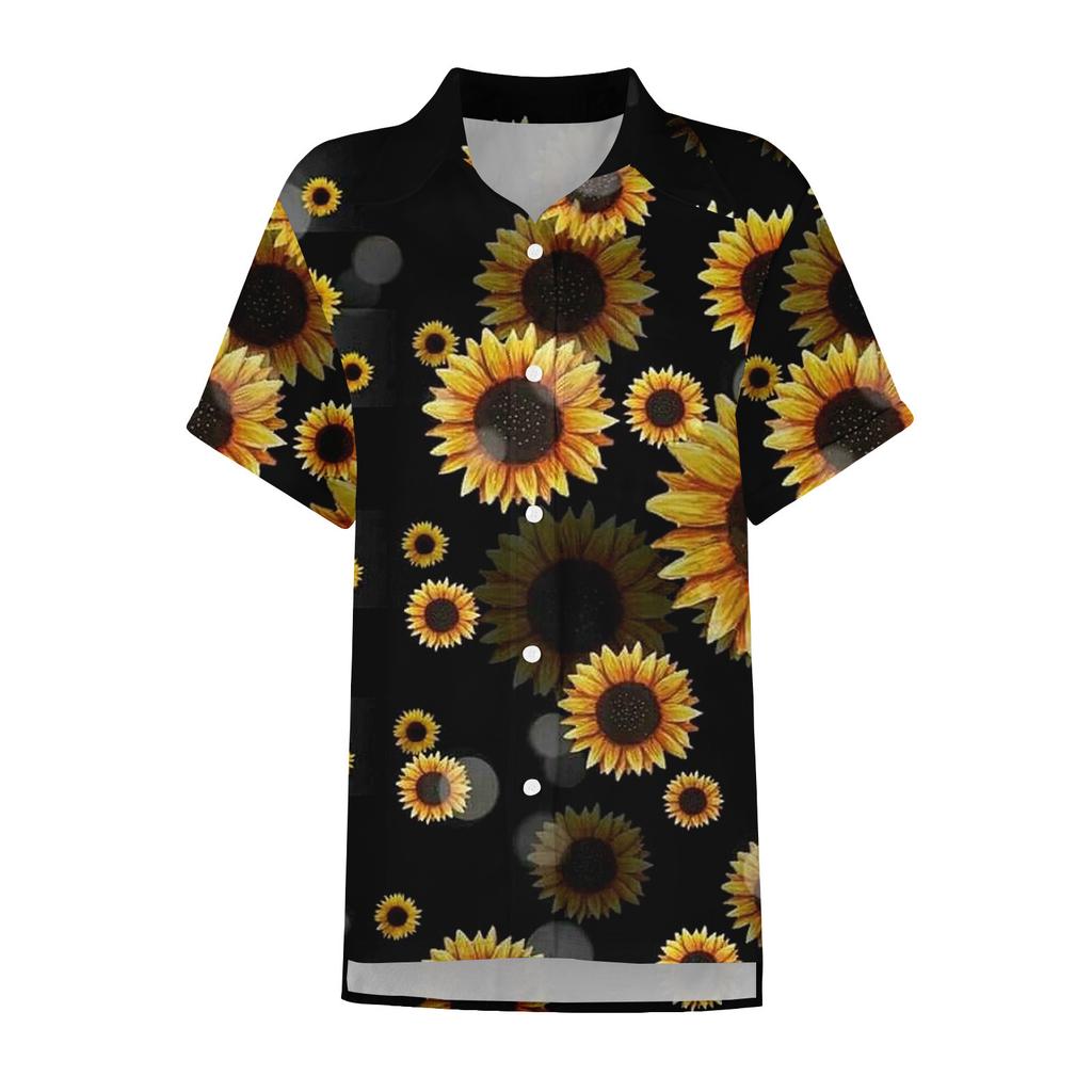 Women's Fashion Loose Casual Short Sleeve Lapel Button Down Shirt Printed T-Shirt Top