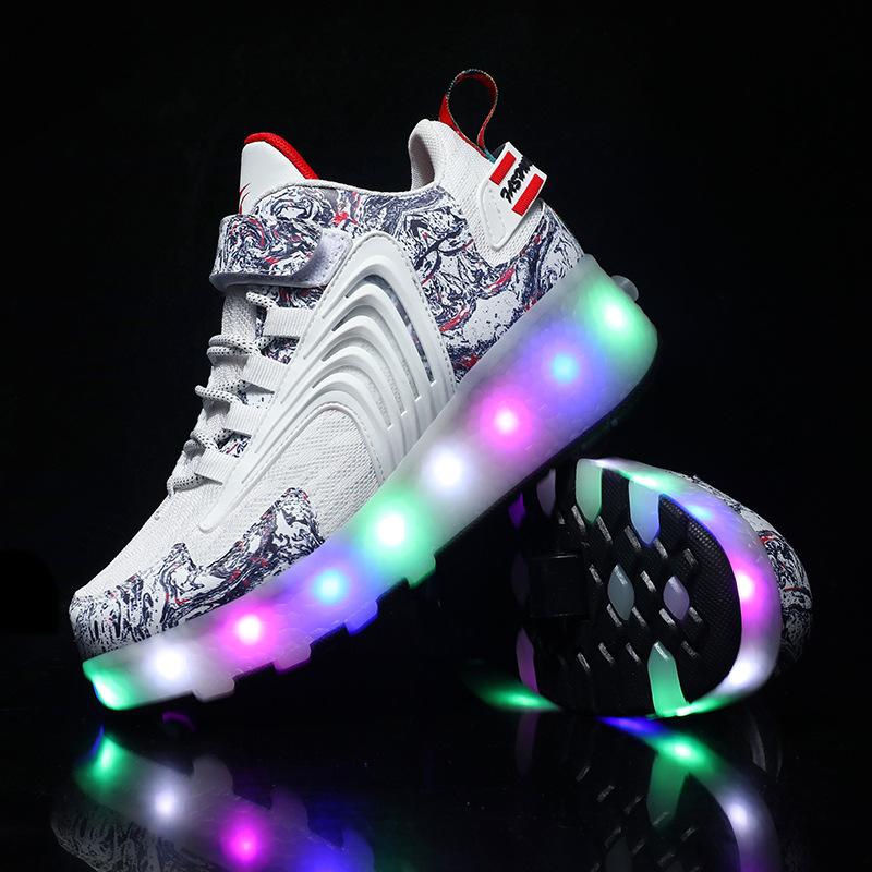 Overseas runaway shoes, children's wheel shoes LED ultra-light luminous charging boys and girls light shoes sports flying woven shoes