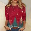 Edición Limitada de Navidad Camiseta de Mujer 3D Roja con Estampado de Árbol de Navidad Cuello Redondo Manga Larga Moda Casual Top de Manga Larga
