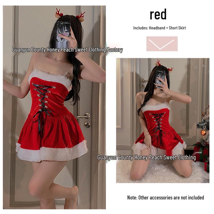 Christmas Reindeer Cosplay Red Slip Dress with Cute Uniform for New Year Performance
