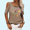Women Fashion Round Neck Tee Shirt Summer Off Shoulder Short Sleeve Top Casual Floral Print T-shirt