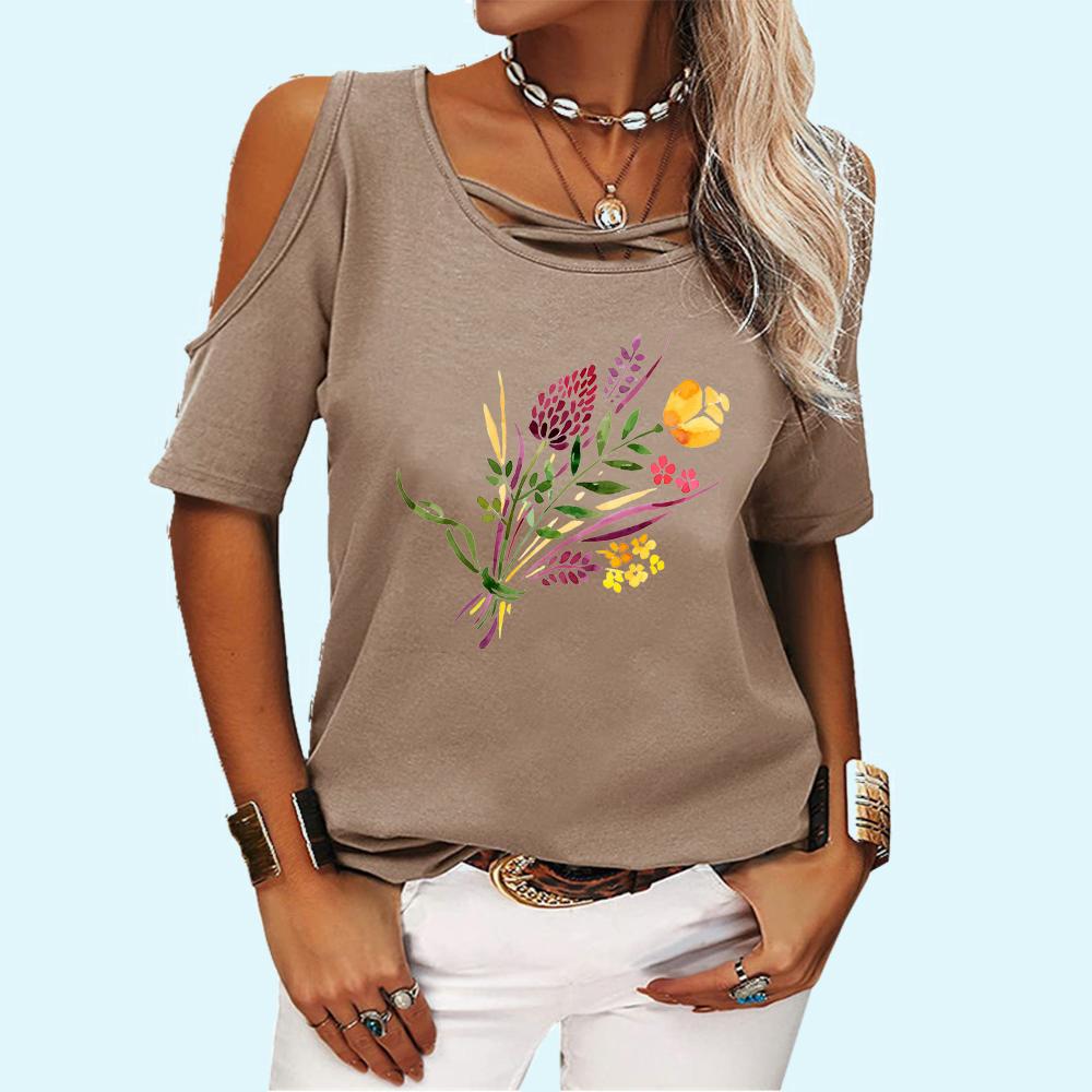Women Fashion Round Neck Tee Shirt Summer Off Shoulder Short Sleeve Top Casual Floral Print T-shirt