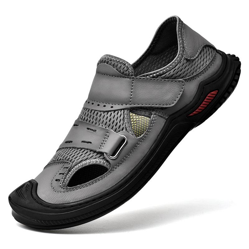 New Men's Baotou Beach Shoes Trendy Men's Sandals Outdoor First Layer Cowhide Mesh Breathable, Anti-collision, Non-slip and Cool