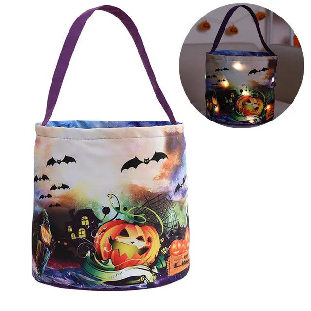 LED-lys Halloween Trick or Treat-bøtte Gresskargodteriposer Sammenleggbar Halloween-kurv til Thanksgiving-fest gavekurv