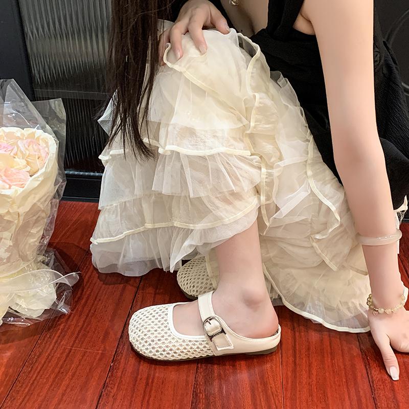 

Fashion Women s Fashion Baotou Shallow Mouth Mesh Cloth Breathable Metal Buckle Soft Sole Anti-slip Wear-resistant Flat Shoes 35 бежевый