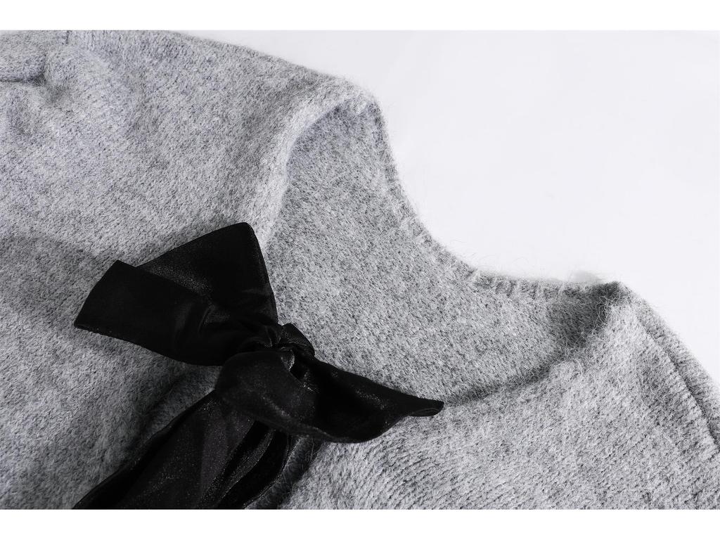 Šedý úpletový svetr s mašlí v korejském stylu: Módní, Zeštíhlující, Streetový styl pro podzimní ženy