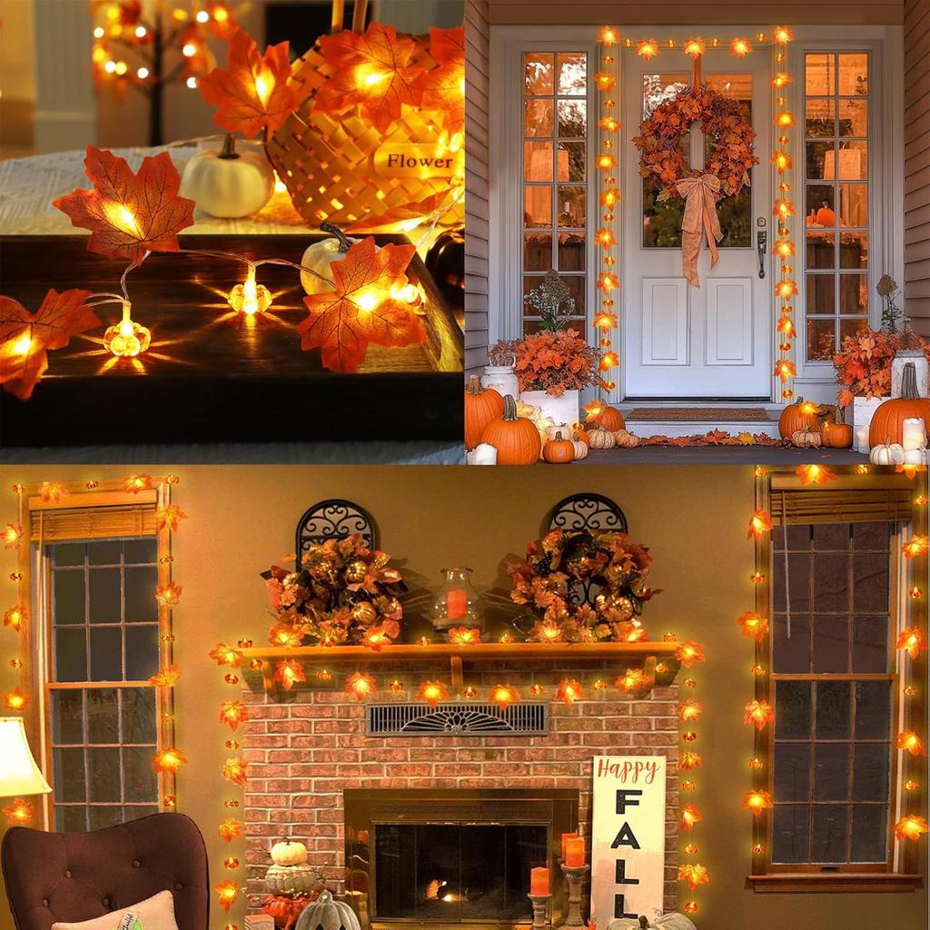 Warm Light 3D Pumpkin Maple Leaves String Decorative Lamp Powered Home Thanksgiving Autumn Indoor Festival Holiday Decor