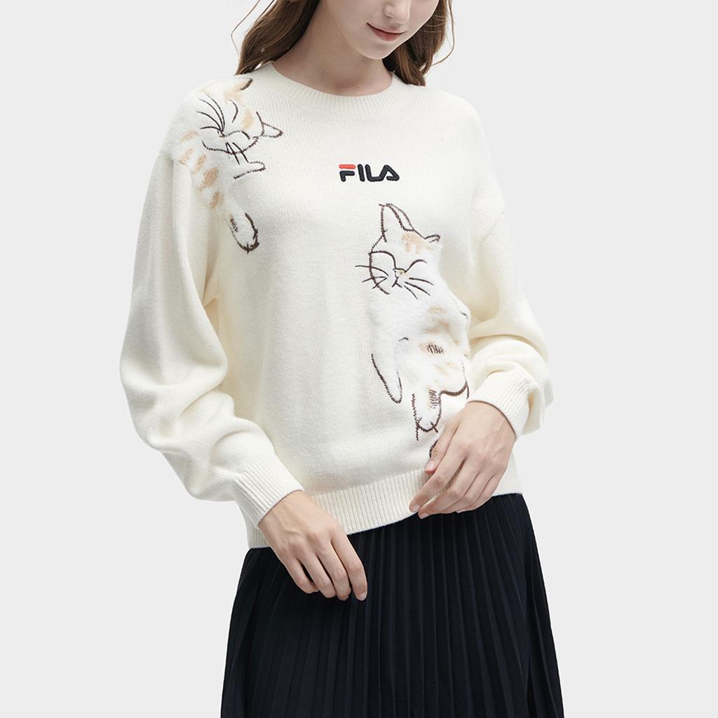 Fila Embroidered Animal Pattern Casual Long Sleeve Knit Top Women Tops Light-Beige F11W348409F-IV