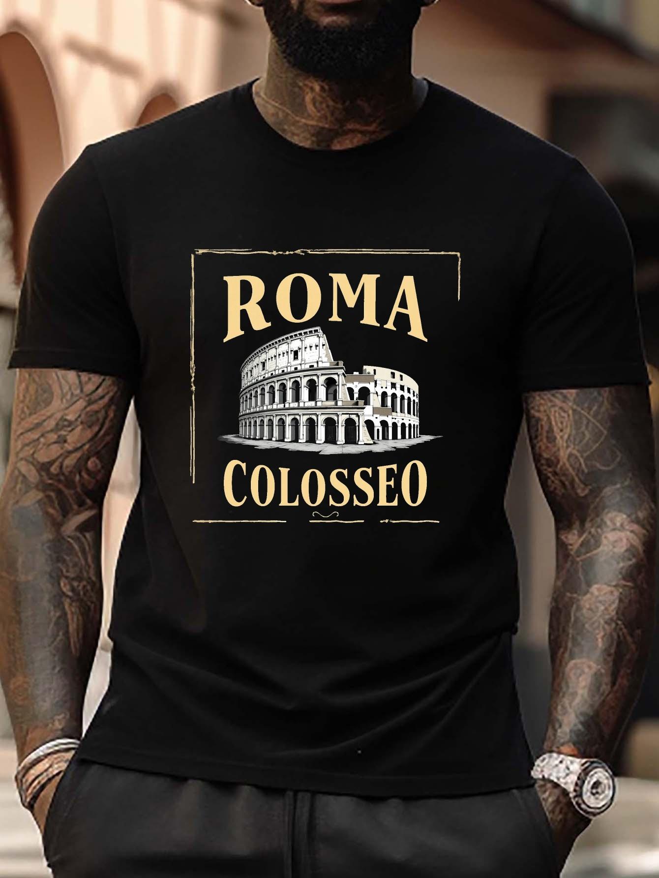 Plus Size Black T-shirt - Colosseum Rome Italy Graphic Print with Roma & Colosseo Text XL