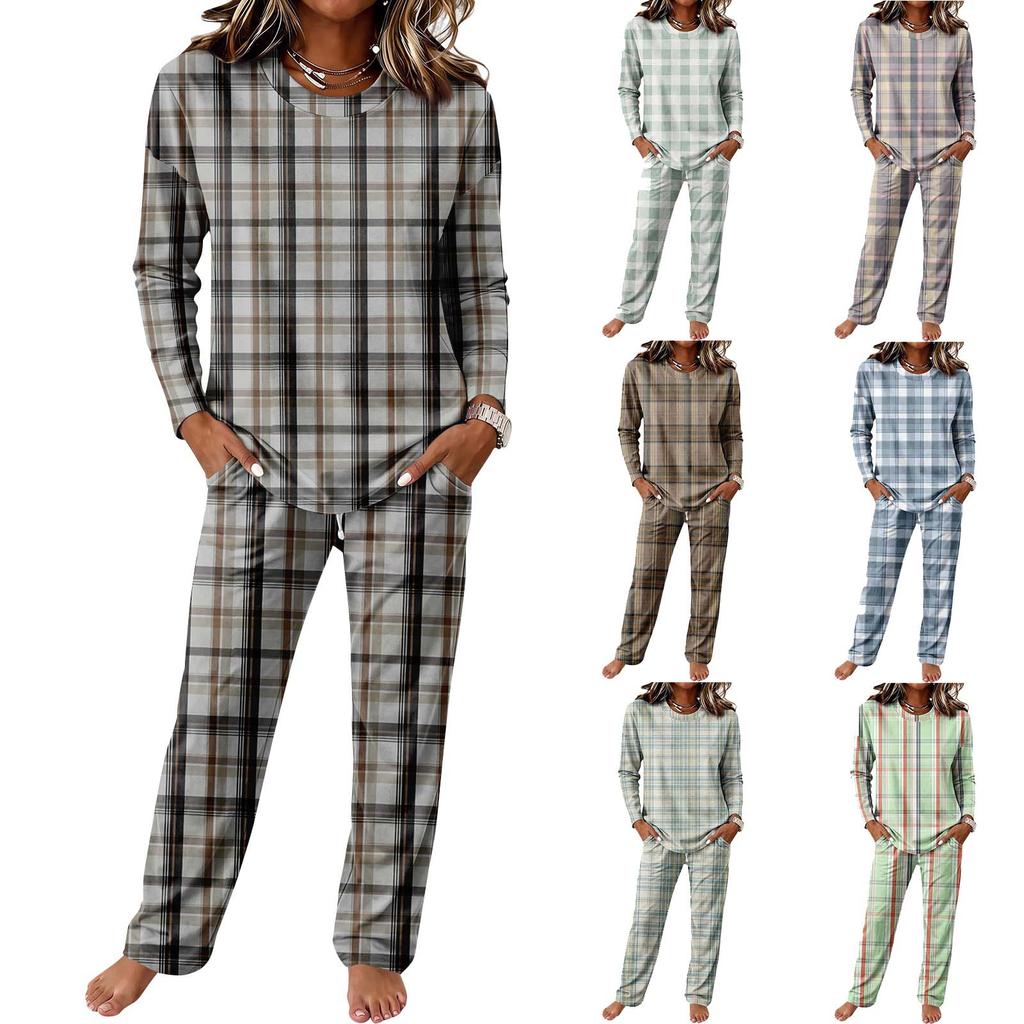 Set Pigiama Casual da Donna a Manica Lunga con Scollo Rotondo e Coulisse, Gamba Larga, per Dormire