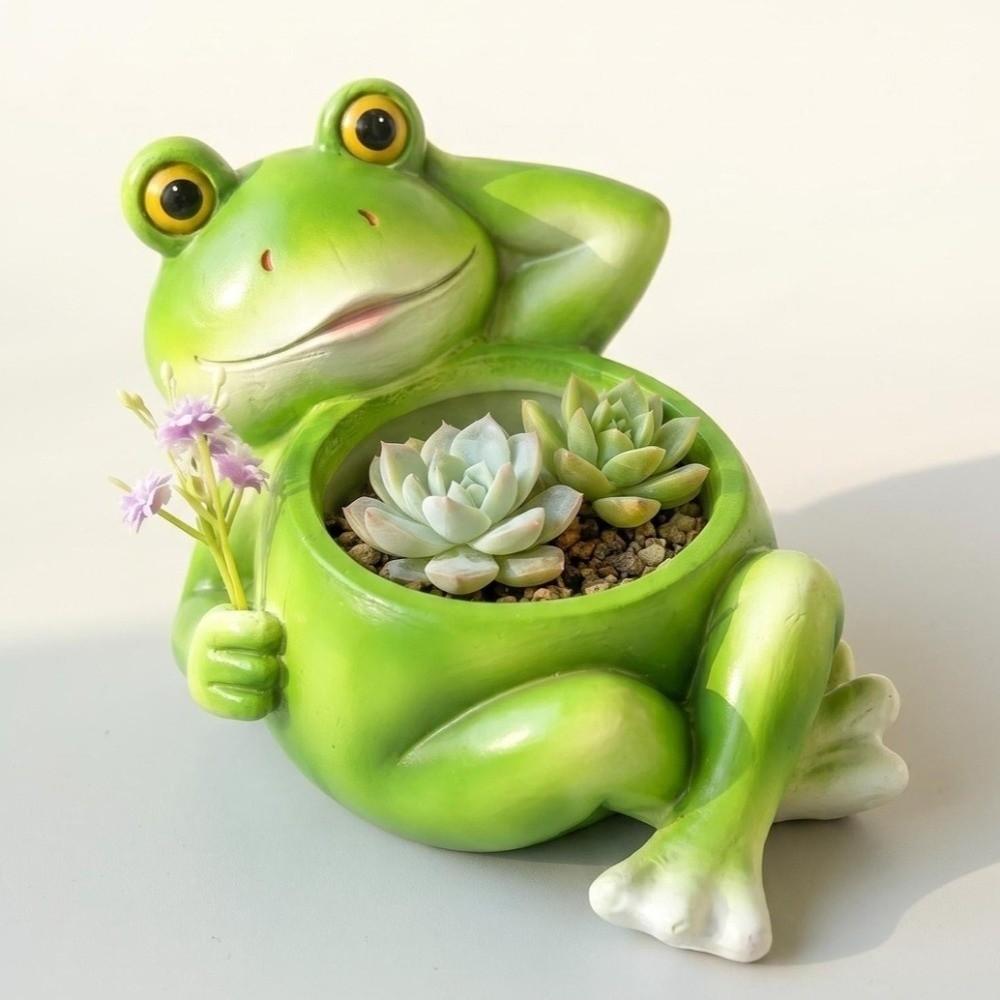 Funny Resin Frog Flower Pot Cartoon with Drainage Hole Succulent Planter Decorative Plant Holder Balcony Decor