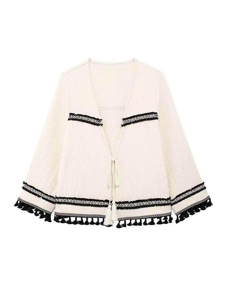 

Винтажные кисточки на шнуровке пальто женские свободные контрастные V-образный вырез с длинным рукавом женские куртки осенняя мода женские топы XS белый