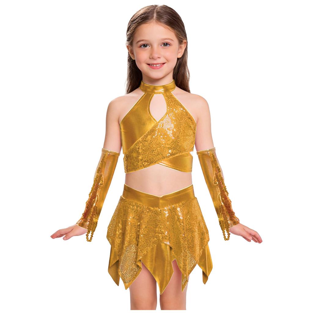 Dívčí kostým pro jazzový tanec s křížovým výstřihem, třpytivými flitry, metalickým zkráceným topem a asymetrickou sukní