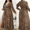 Women's Plus Size Leopard Print Maxi Dress V Neck Long Sleeve Waist Tie Loose Fit Casual Long Dress 1XL-5XL