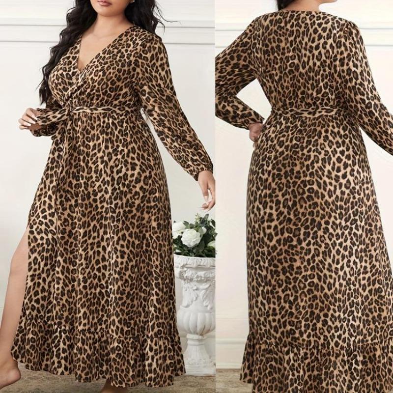 Women's Plus Size Leopard Print Maxi Dress V Neck Long Sleeve Waist Tie Loose Fit Casual Long Dress 1XL-5XL