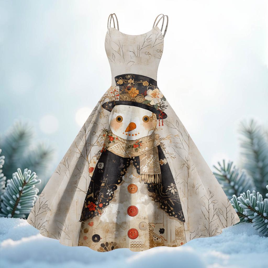 Women's Christmas Print Casual Fashion Round Neck Mid-Length Dress