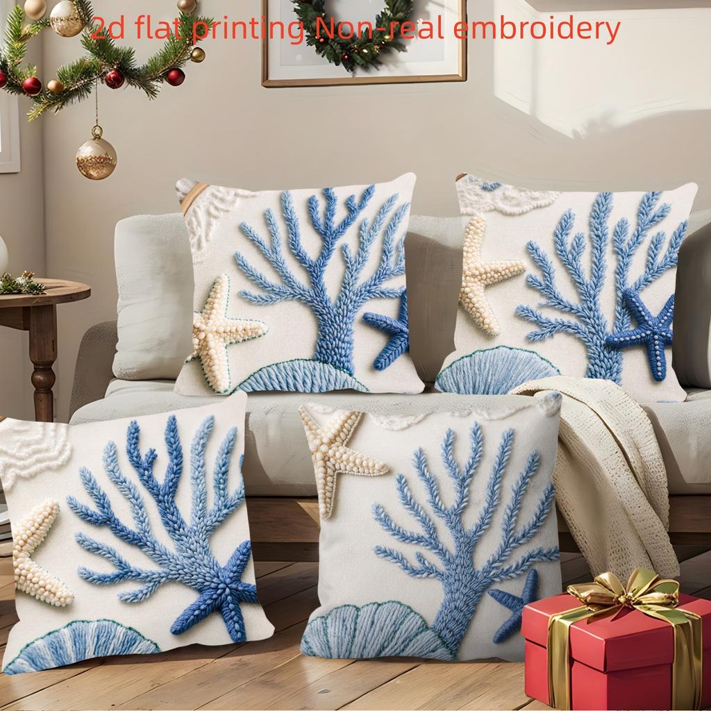 1/4pcs Coastal Ocean Themed Throw Pillow Covers Blue Coral Starfish Decorative Pillowcases for Home Living Room Bedroom Sofa