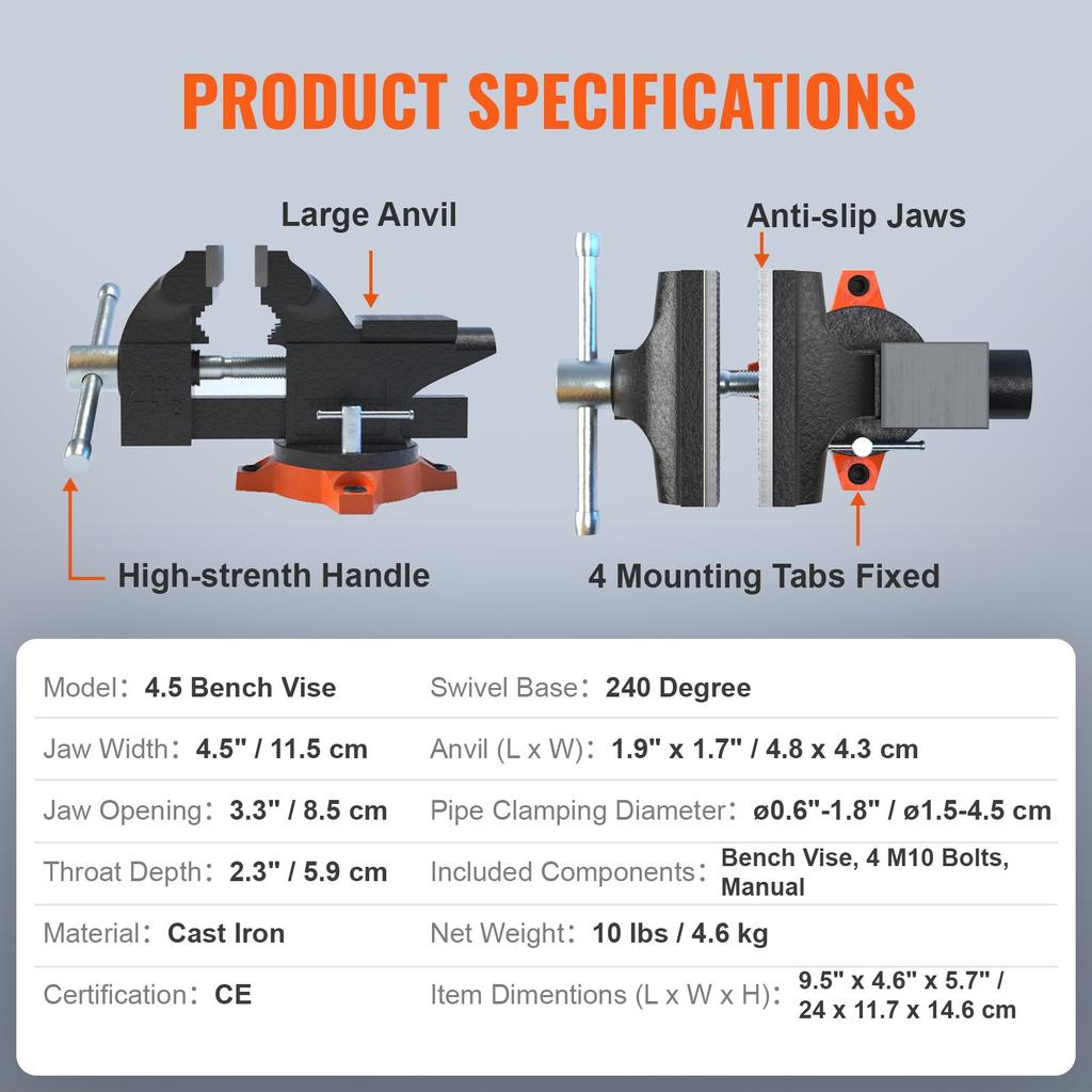 VEVOR Bench Vise, 114 mm(4.5-inch) Jaw Width 84 mm(3.3-inch) Jaw Opening , 240-Degree Swivel Locking Base Multipurpose Vise with Anvil