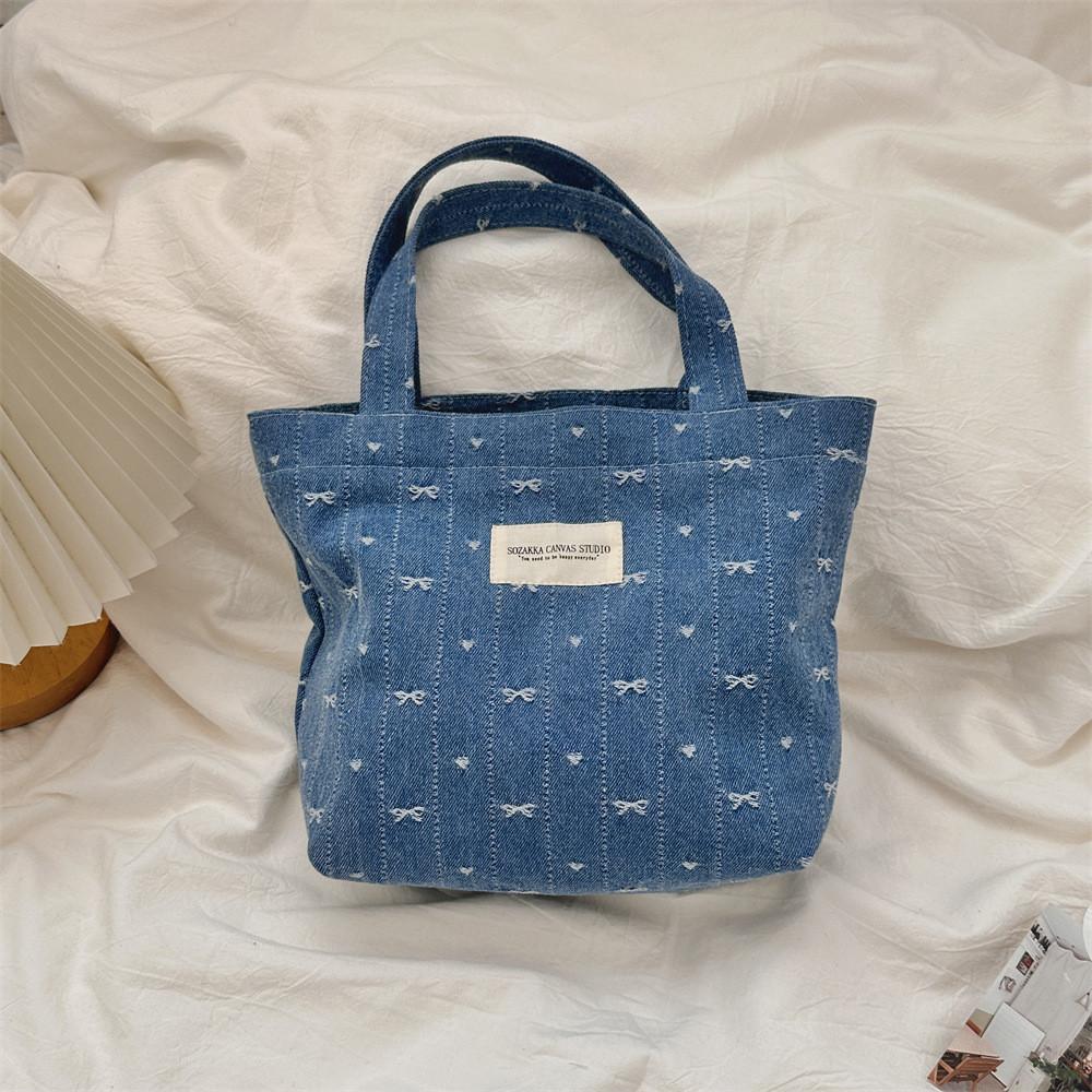 

Fashionable Street Style Denim Lunch Bag For Office With Double Shoulder Straps And Bow Unique темно-синий