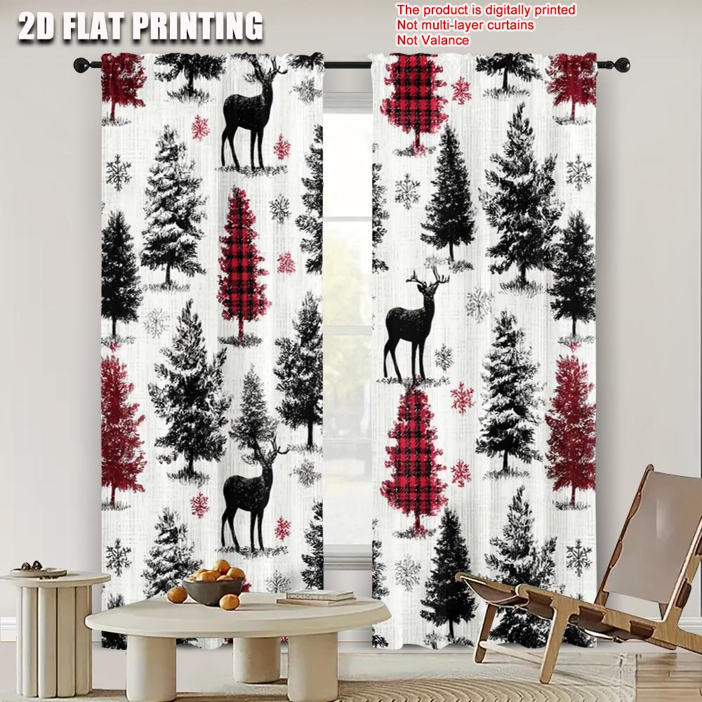2pcs 2D flat printing Window Treatment Curtains Christmas Deer Snowflake Plaid 100% Polyester Without Electricity Holiday
