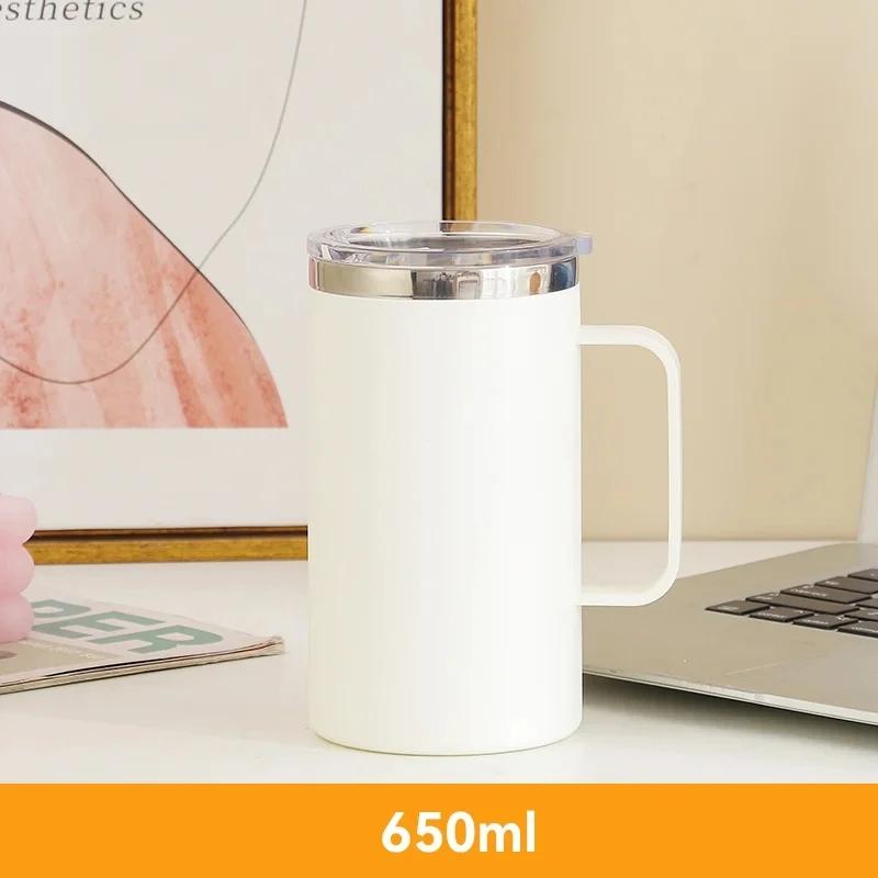 Stainless Steel Water Bottle Protable with Plastic Lid and Handle Double Layers Coffee Milk Cup Insulated Vacuum for Office Work