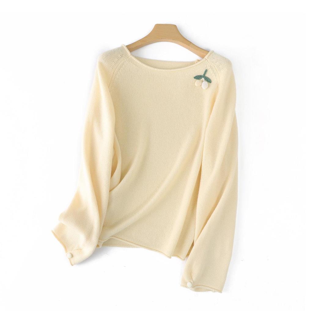 Women's Plus Size Embroidered Cashmere Sweater - Rolled-edge Round Neck, 100% Pure Wool Knit, Autumn/Winter Loose Fit Base Layer