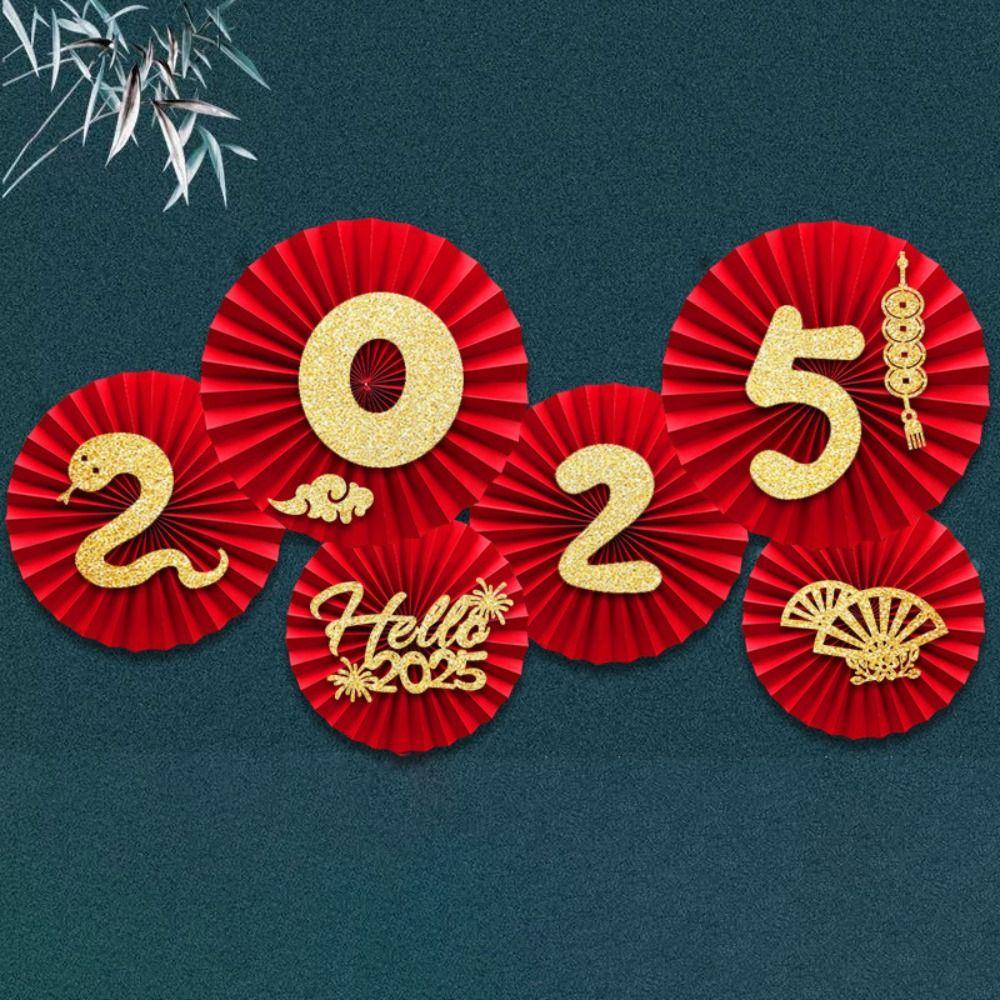Happiness 2025 Spring Festival Paper Fan Flower Snake Year Chinese New Year Paper Fan  Household