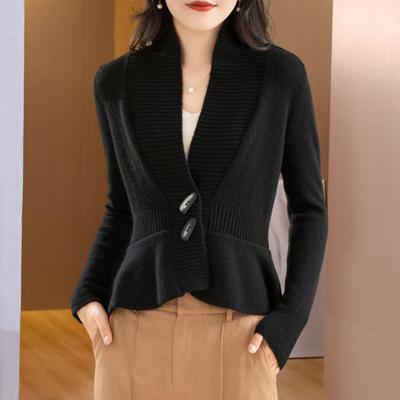 Damen Pullover Mantel V-Ausschnitt Langarm Rüschen Saum Strickpullover Einfarbig