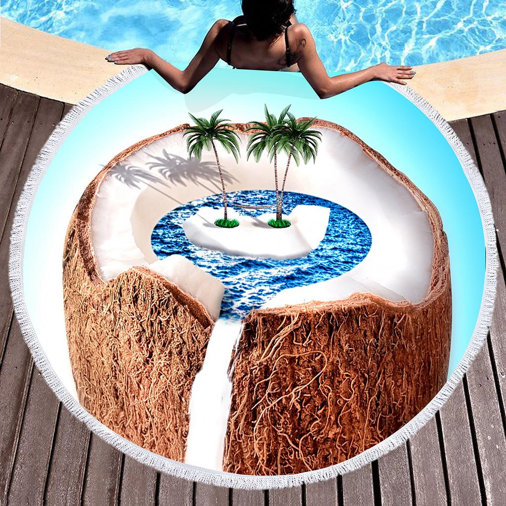 Hawaii Tropical Fruit Coconut Round Beach Towel with Tassels, Microfiber Quick Dry Absorbent Pool Towel Sand Free Beach Blanket
