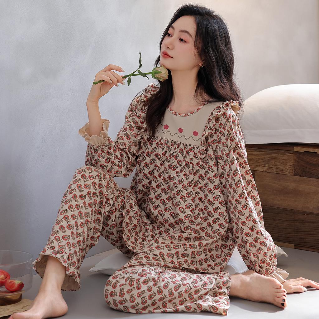 Women's pajamas pure cotton comfortable and simple thin spring and autumn cotton long-sleeved trousers cardigan loungewear can be worn outside set