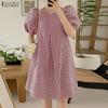 ZANZEA Women Casual Round Neck Short Sleeve Summer Plaid Print Dress