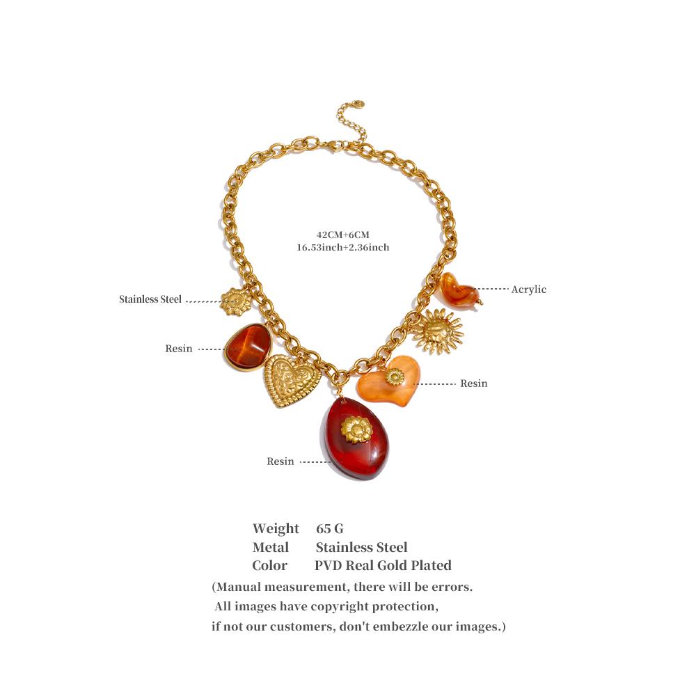 Eetit Red Resin Oval Heart Sun Drop Necklace Golden 316L Stainless Steel Summer Charm Collar Jewelry Waterproof 2025