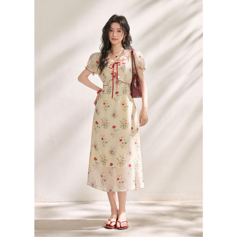Women's French Retro Floral Chiffon Midi Dress