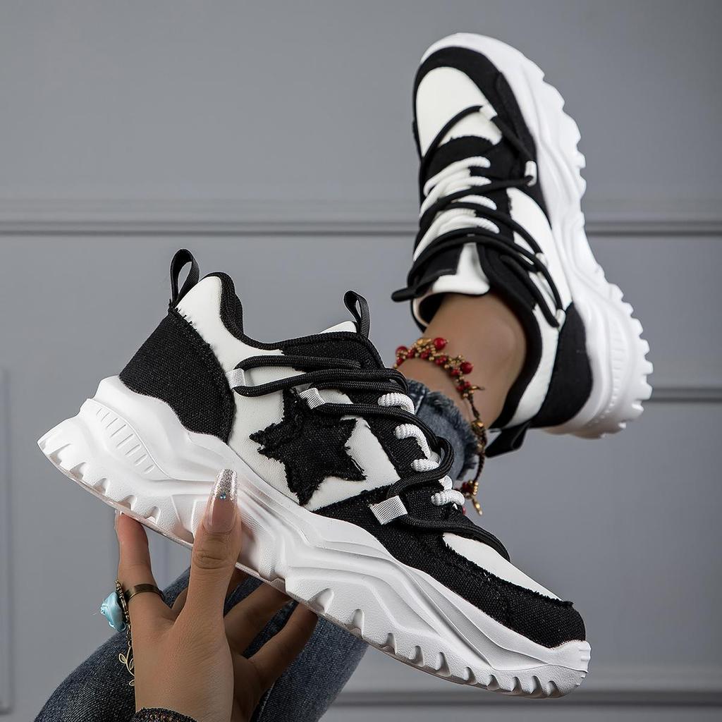 MCTIN Couples Chunky Sneakers Casual Lace Up Platform Shoes for Women Star Decor Men Sports Shoes