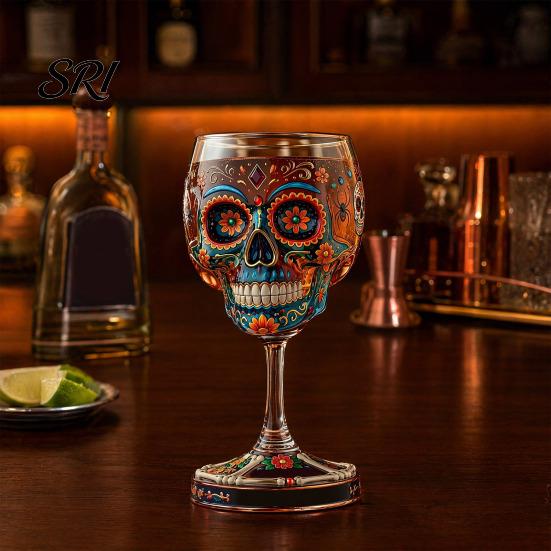 Skeleton Themed Wine Glass Gothic Skull Glass, Hand Painted Goblet, Day Art Glassware of The Dead Decor, Unique Bar Gift for Halloween Altar Accessory