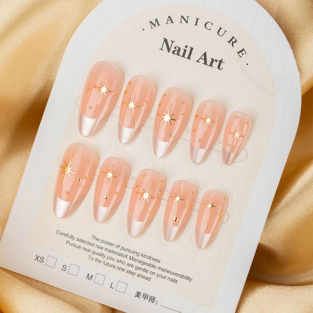 Golden Starry French Cat-Eye Almond False Nails 24 Pieces Elegant Design for Women