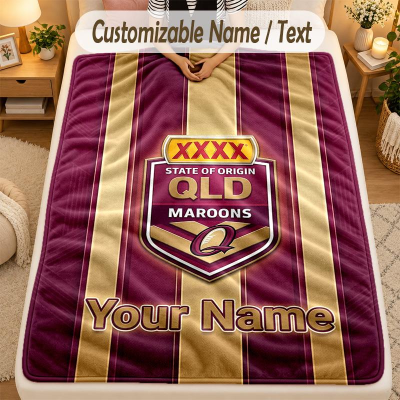 Flannel BlanketQueensland Maroons Custom Name Text Personalized Soft Warm Throw Blanket Home Decor Gift
