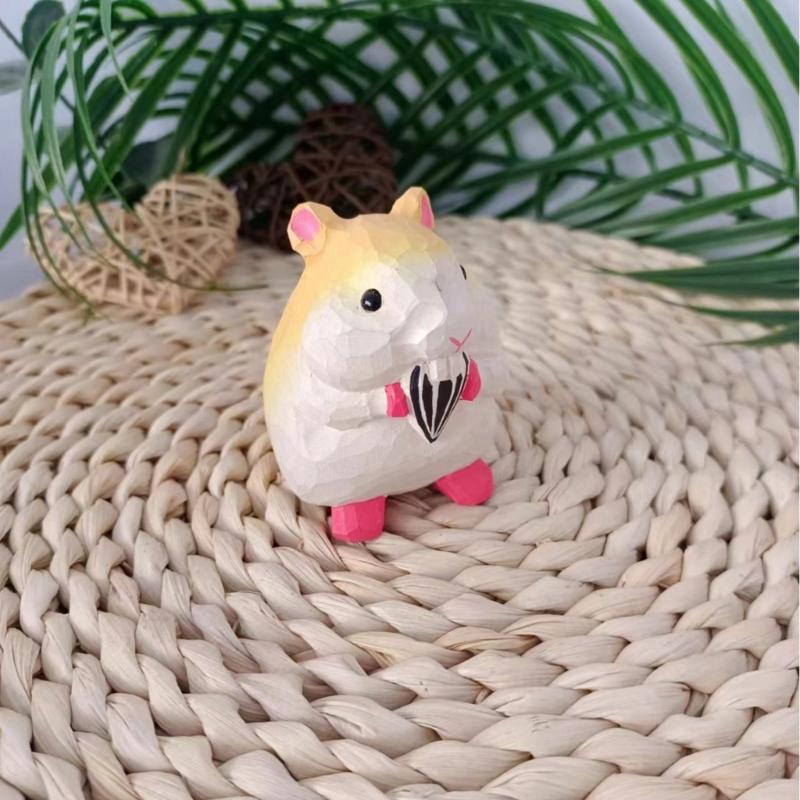 Miniature Foodie Hamster Figurine Fun Wooden Carvings Animal Statue Ornament for Nursery and Bedroom Desktop Decors Gift