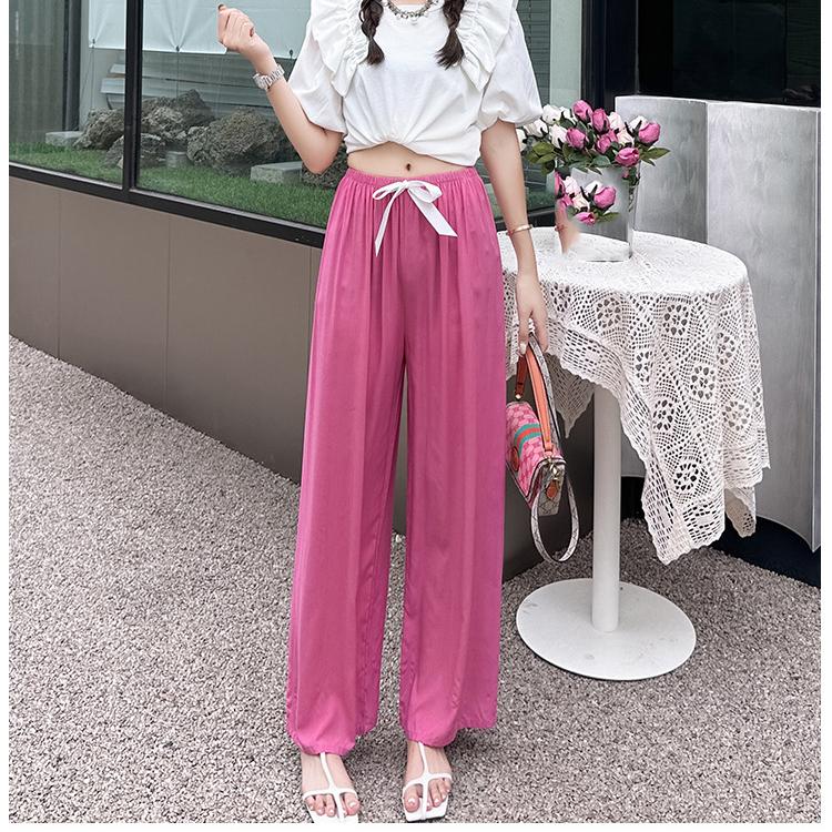 Pantaloni de pijama din bumbac mătase pentru femei, secțiune subțire de vară, anti-țânțari, pantaloni cu picior lat, culoare uni, pentru exterior, casă, petrecere a timpului liber, imprimeu, pantaloni de plajă până la genunchi