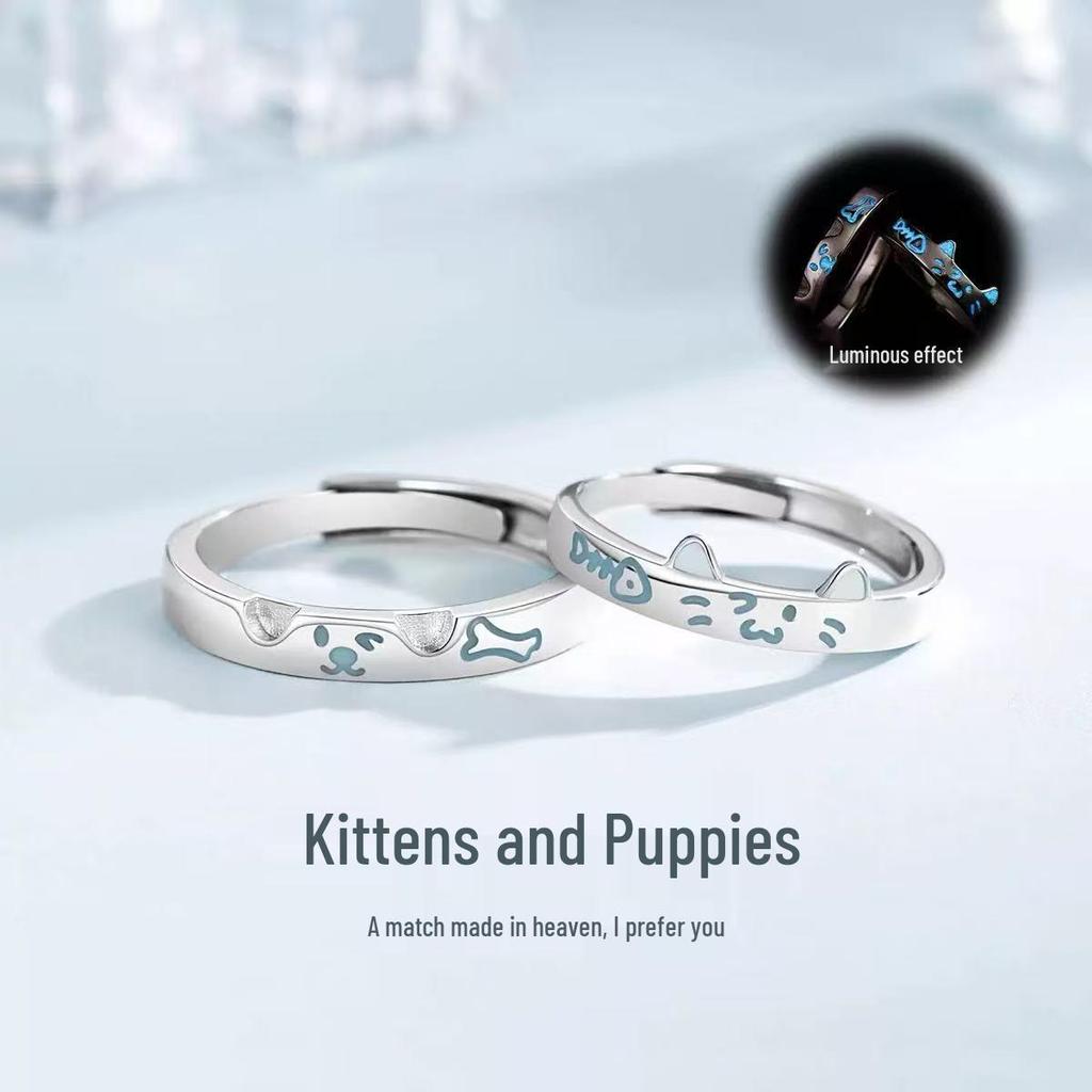 Luminous Kitten & Puppy Couple Rings: Cute Animal Cartoon Design, Glowing Gift Pair