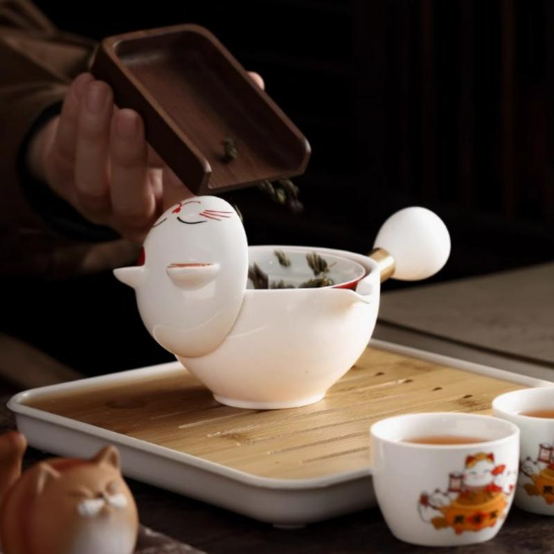 Creative Luck Cat Ceramic Chinese Kung Fu Tea Set Travel Teapot with Handle Cute Cat Pot Household Kung Fu Teapot Cup Set Gift