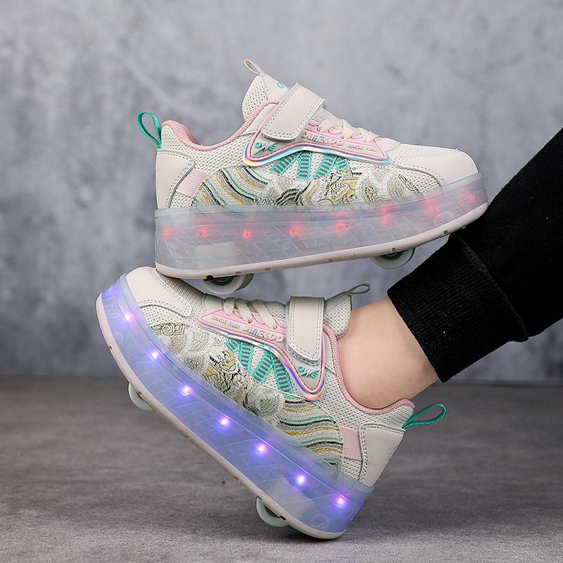 TUINANLE Rollschuhe mit vier Rädern, Laufschuhe für Jungen und Mädchen, können laufen, rutschen und schrumpfen, Blinklichter für Schüler