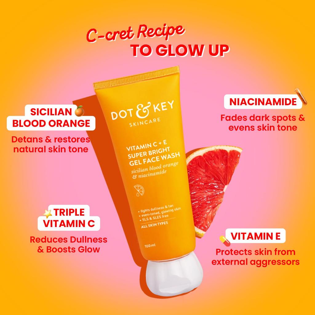 DOT & KEY Vitamin C + E Super Bright Gel Face Wash 100 Ml For Glowing Skin | All Skin Types